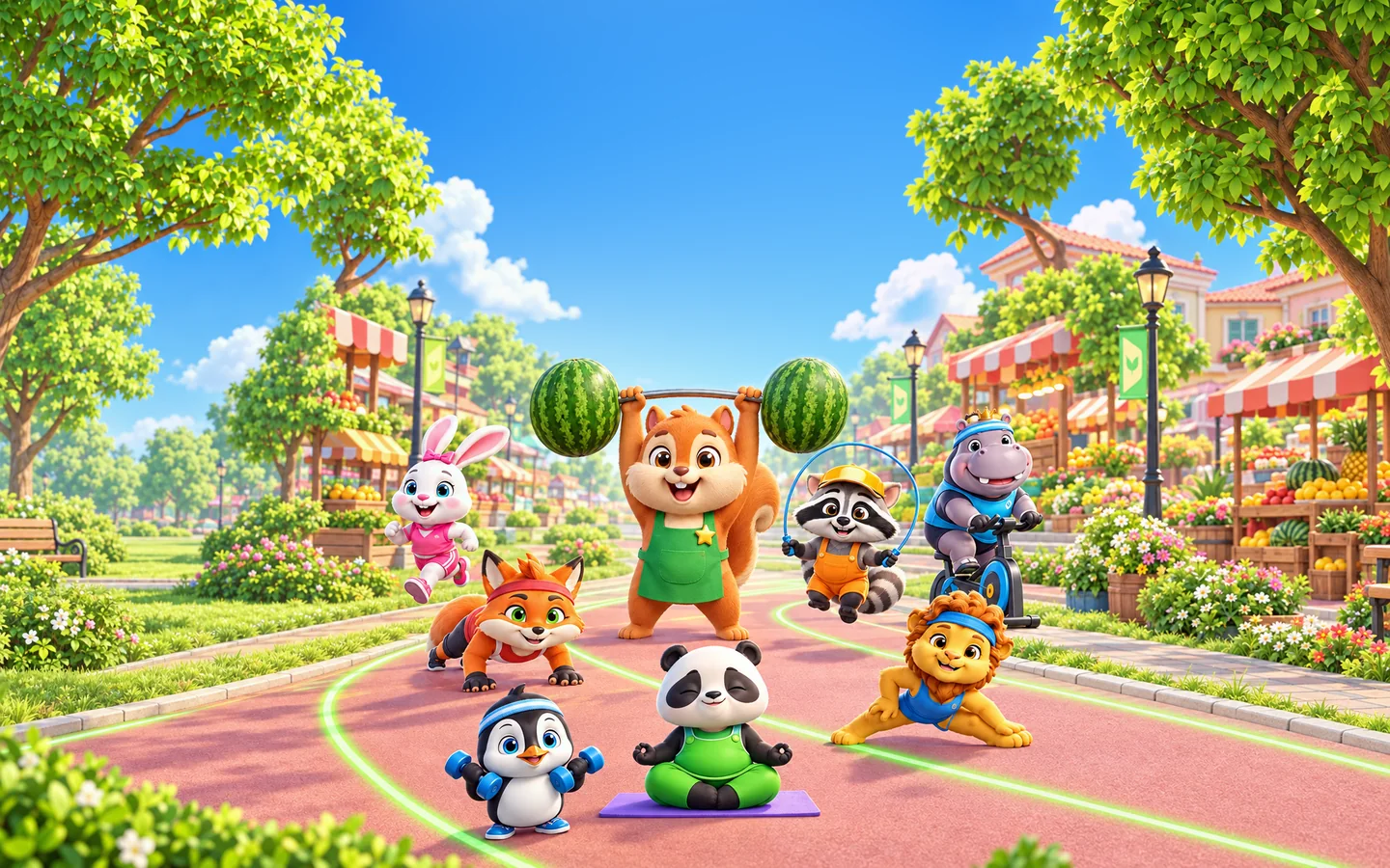 The Acorn Mart cast working out in a sunny park: the squirrel lifts a watermelon barbell while friends jog, skip rope, cycle, stretch and do yoga.